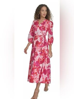 Calvin Klein Red & Pink Floral Cotton A Line Midi Dress